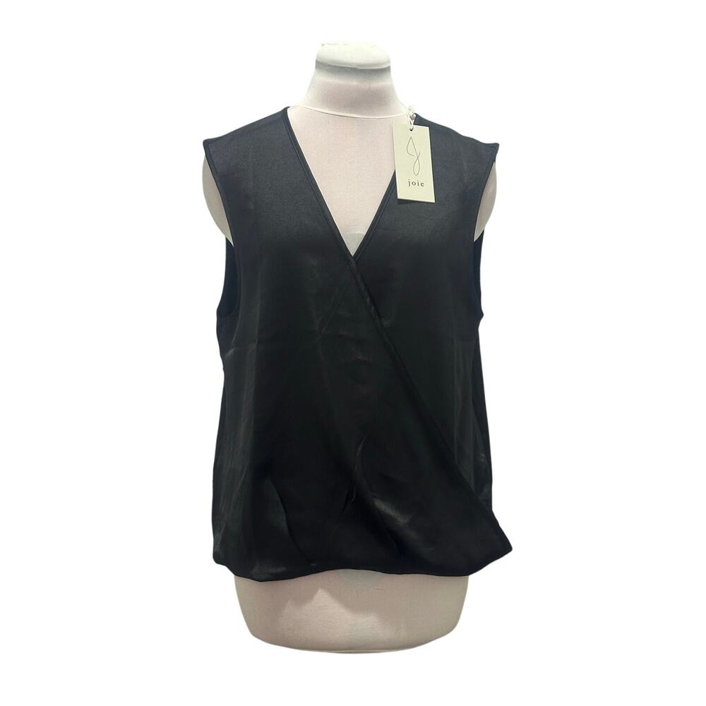 NWT JOIE Black Sleeveless Satin Surplice Top LARGE Office Business Career NEW